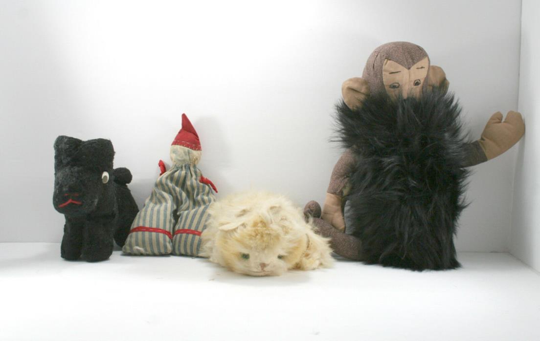 Antique Stuffed Animals Lot Real Fur Cat Monkey Clown Black Dog Lot of 4 Plush