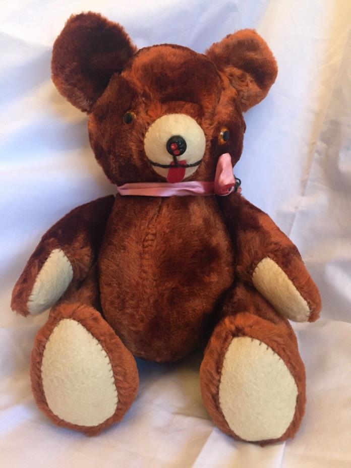 Vintage BrownTeddy The Growler Bear Stern Toy Co Brown Pink Ribbon
