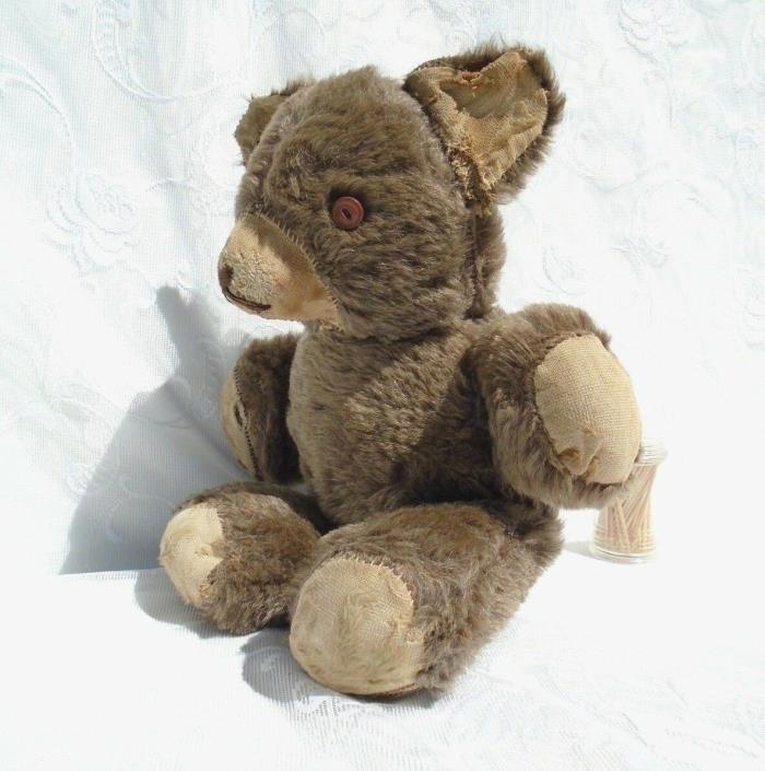 Antique Vintage HAND SEWN Stuffed Teddy Bear with Button Eyes EMBROIDERED FACE