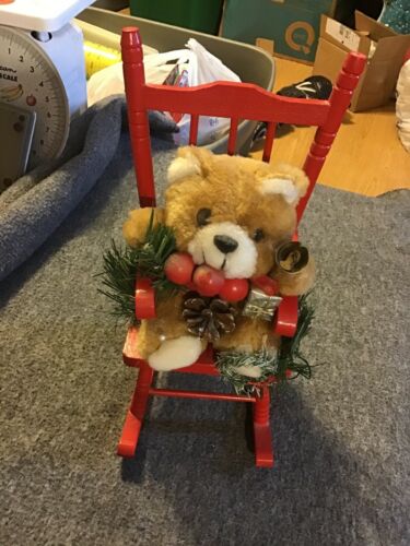 Vintage Christmas Teddy Bear In Toy Red Rocking Chair