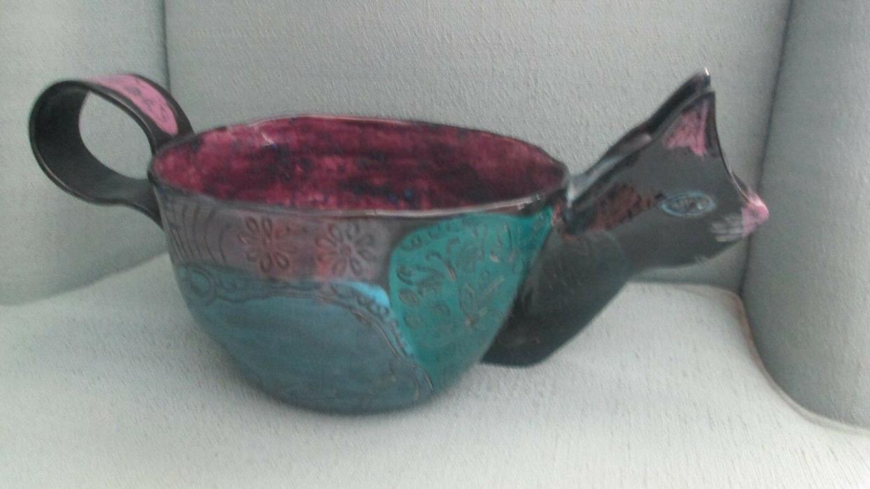 OOAK Handmade Large Unique Art Pottery Cat Bowl with Handle Purple Black Teal