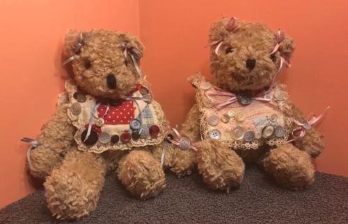 2 Vintage Super Cute Button Plush Teddy Bears Boy Girl Couple Quilted Bib Baby