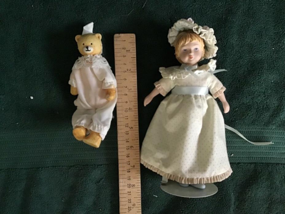 Porcelain Victorian doll and teddy bear Avon