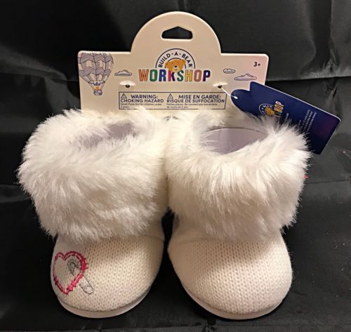 *** Build-A-Bear White Fuzzy Winter Snow Boots With Pink Bows NEW
