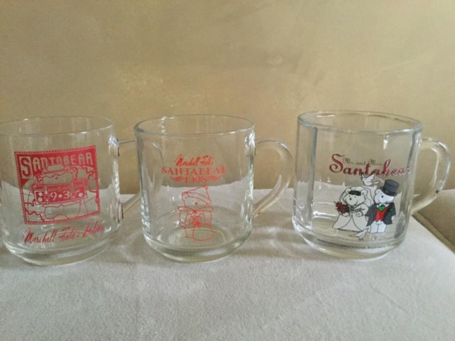 Set of 6 MARSHALL FIELDS SANTA BEAR GLASS Mugs with Bonus  Marshall Field Box!