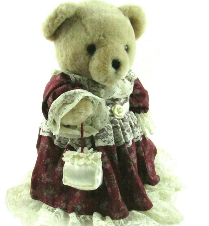 Anco Vintage Collectible Jointed Bear Plush On Stand Floral Dress Bloomers Purse