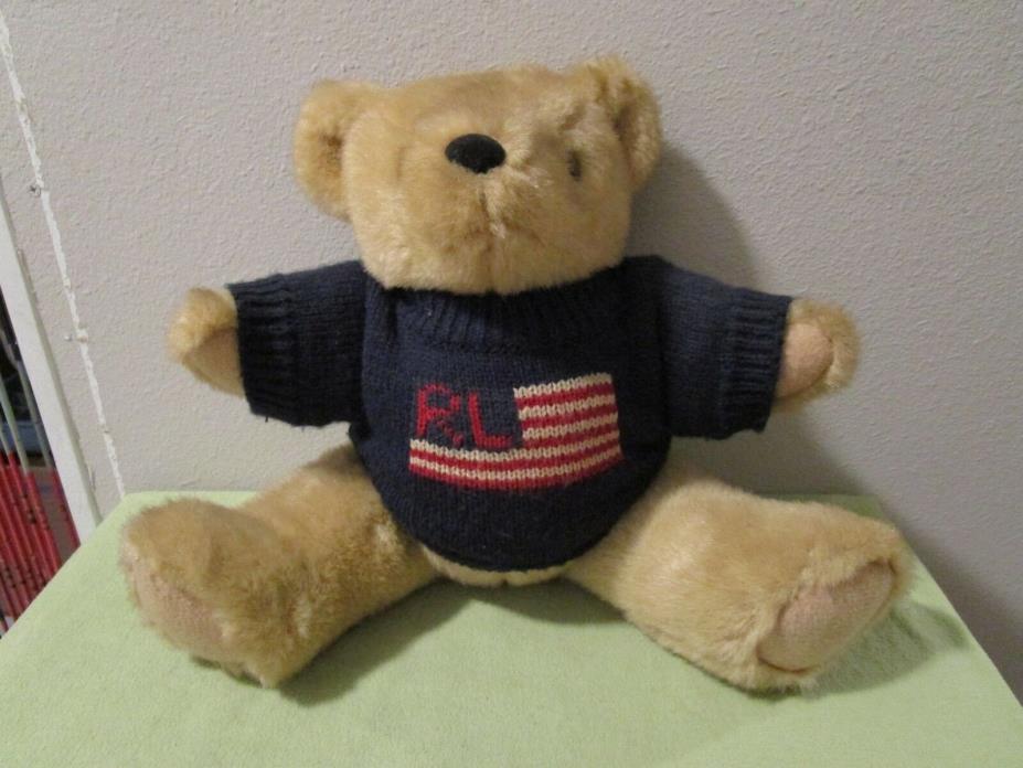 Vintage 1996 RL Ralph Lauran Plush Teddy Bear Knitted Flag Sweater 15