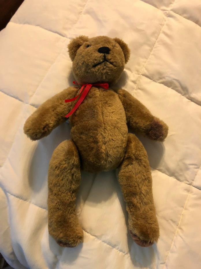VINTAGE BROWN LARGE TEDDY BEAR WITH RED RIBBON POSEABLE DOLL TOY