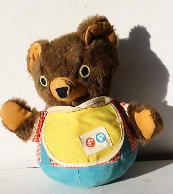Fisher Price Rolly Polly Teddy Bear w-Bib Overalls-Musical Rattle-Chime Vintage