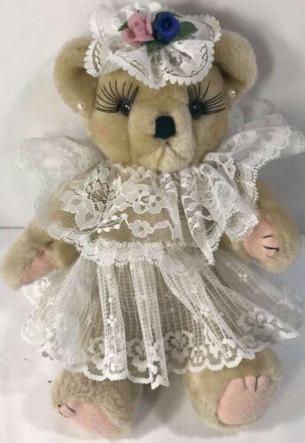 Victorian Fancy Posable Bear Plush Lacey White Dress Eyelashes Hat Flowers 10”