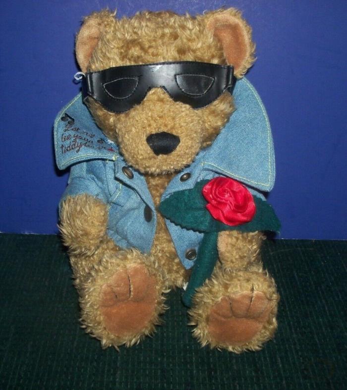 Presley Bear - Sun Glasses & Denim Jacket  Holding Rose - First & Main-Valentine