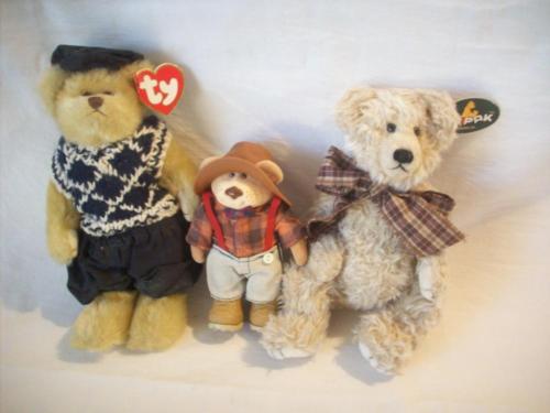 3 Teddy Bears Lot / TY (Here Birdie Birdie) Furskins (Farmer Bear) Jointed Bear