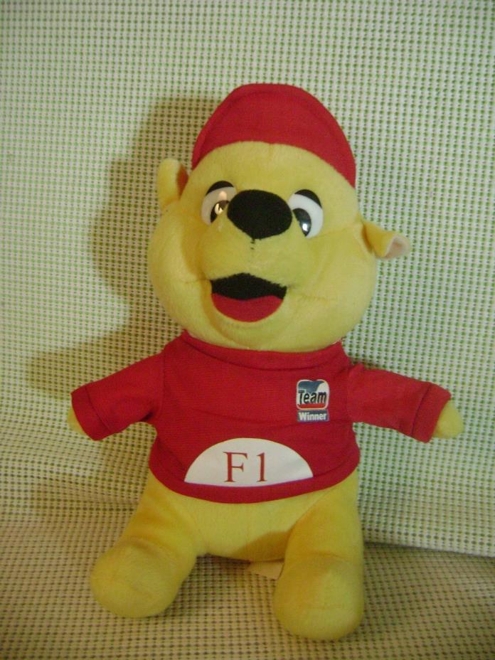 yellow BEAR PLUSH toy F1 SUPERCAR stuffed animal TEAM WINNER racing vtg teddy