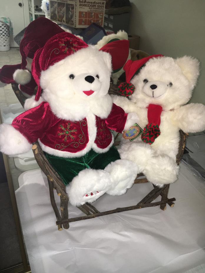 2 2009 christmas WALMART WHITE CHRISTMAS TEDDY BEAR+BENT WOOD TWIG BENCH CHAIR