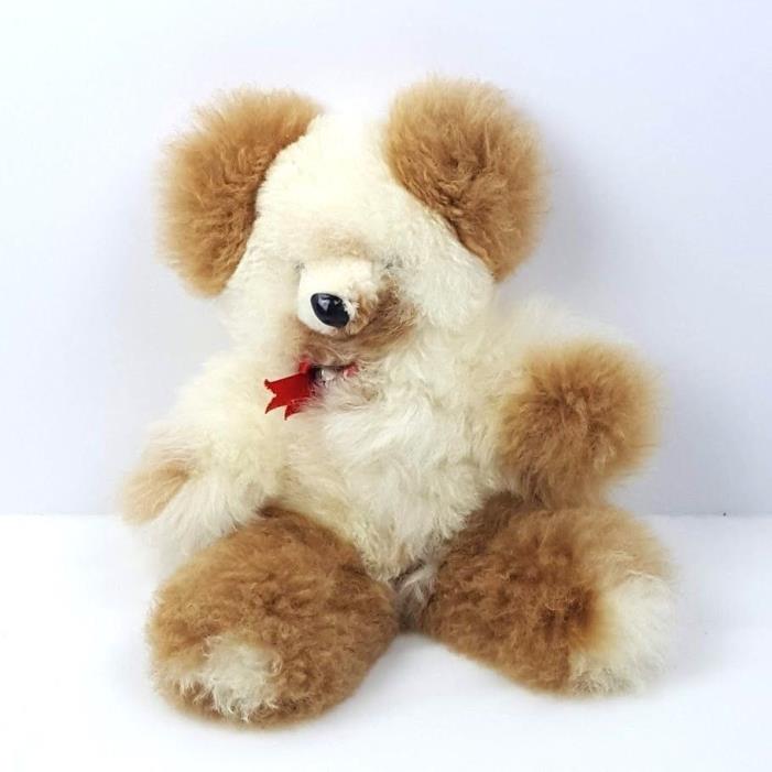 Real Llama or Alpaca Fur Teddy Bear Plush Stuffed Animal Fluffy Soft Red Ribbon