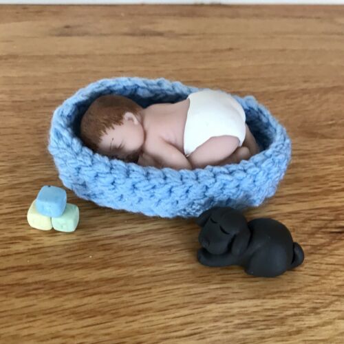 2.5 IN MINIATURE POLYMER OOAK BOY BABY DOLL ~ WITH HANDMADE SLEEPING DOG