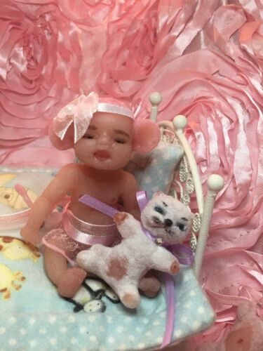 OOAK Silicone Handmade 3” Mouse Baby & Kitty Art Doll 1/12 By Janet Alvarez