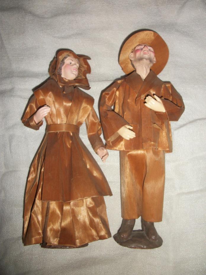 Pair of Corn Husk Type Character Dolls Figures Great Fall Holiday Season Table