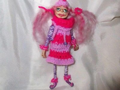 Wire Poseable Elf Doll Sprite Handmade crochet pink hair lavender fantasy ooak