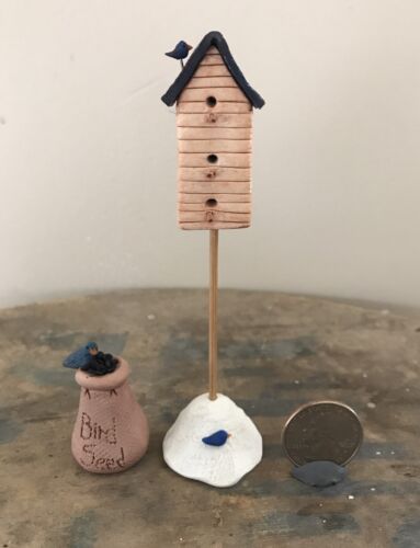 OOAK HANDMADE POLYMER CLAY Birdhouse And Bag Of Bird Seed