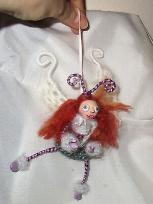 Wire Fairy Butterfly Doll Poseable Handmade crochet wings red head fabric ooak