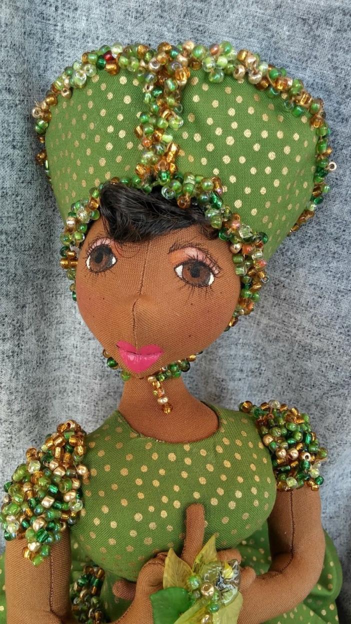 Polka dot green print African American handmade cloth doll kwestionmark #212