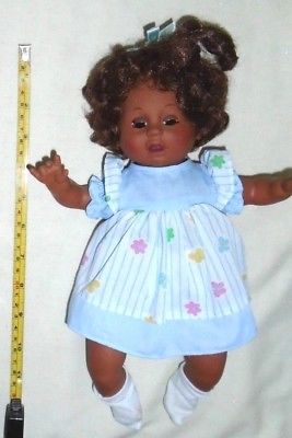 Vintage Girl Baby Doll Soft Body Black African American Bow Blue Flower Dress
