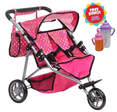 Exquisite Buggy Twin DOLL Jogger Stroller Diaper Bag PINK POLKA DOTS Durable