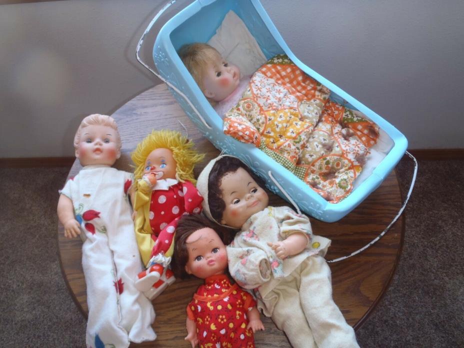 VINTAGE BABY DOLLS MIXED LOT,WITH CRIB OPEN AND CLOSE EYES ON TWO DOLLS