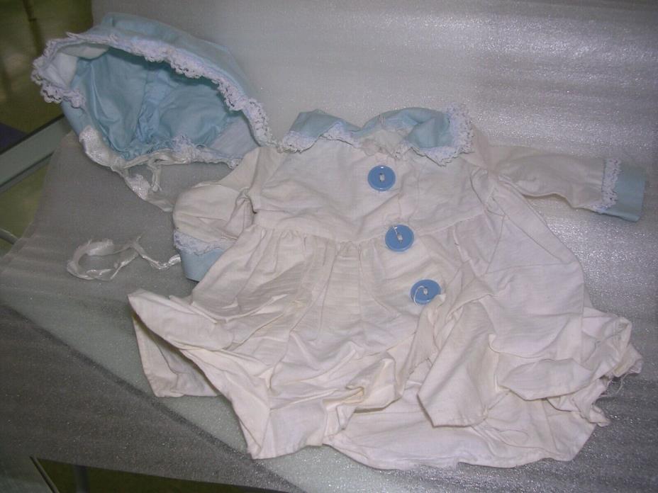 Vintage Baby Doll Dress Medium White & Blue with Bonnet