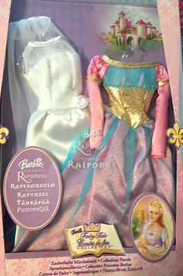 Set of 2 Barbie Rapunzel Gowns - White Wedding Dress & Pink/Blue/Gold Victorian