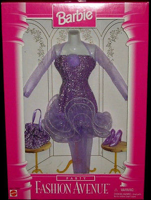 Barbie FASHION AVENUE Purple Metallic Silver PARTY DRESS SET Purse/Shoes/Tights