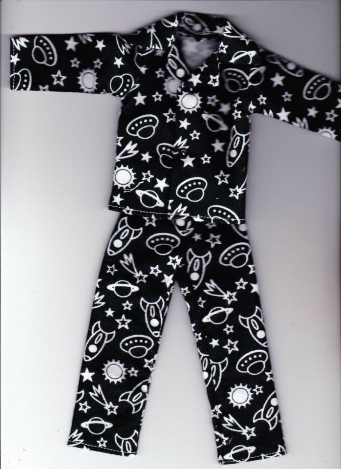 Homemade Doll Clothes Black/White Outer Space Print Button Pajamas fits Ken KP5