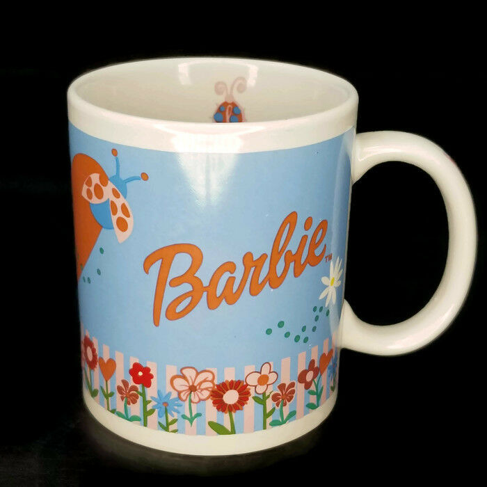 Barbie Blue Coffee Cup Mug Ceramic Flowers Lady Bug Hearts Rose Poppy Daisy 2000