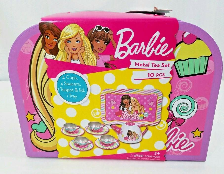NEW! BARBIE 10 PIECE METAL TEA SET WITH CARRYING CASE - AGES 3 & UP 2017