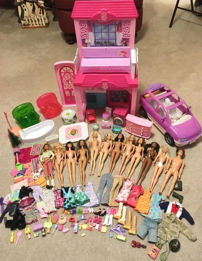 Huge Lot Barbies 2-Story Glam Vacation House Dolls Clothes Van Accessories Pet