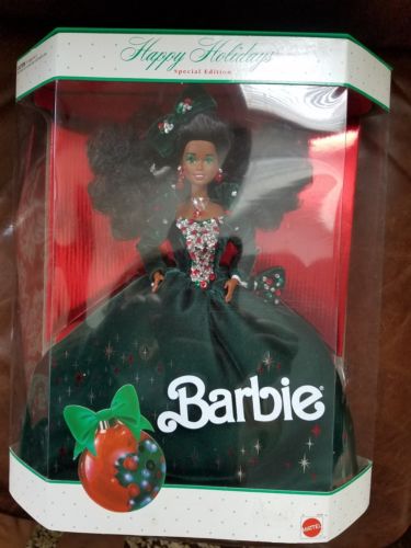 Barbie Happy Holidays 2696 Black Special Edition 1991 Green Velvet Open Box