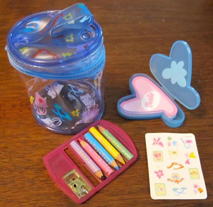 rare Barbie mini stationery set paper sharpener color pencils stickers PVC case