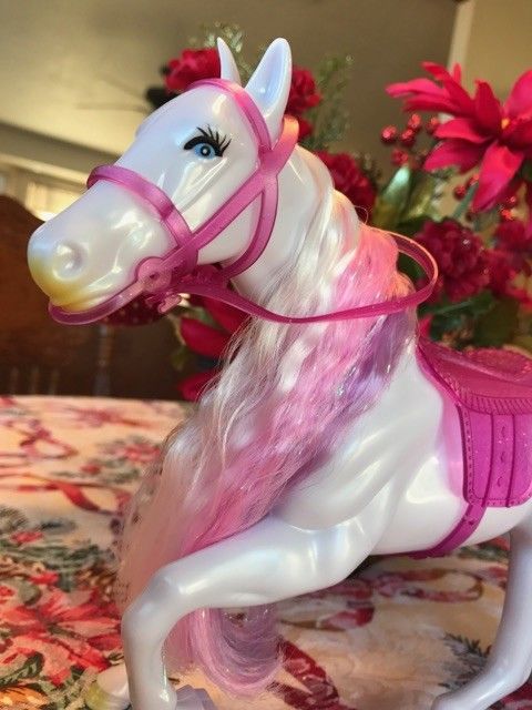 Unbranded White / Pink Plastic Barbie Doll Size Toy Horse w/ Rainbow Mane Tinsel