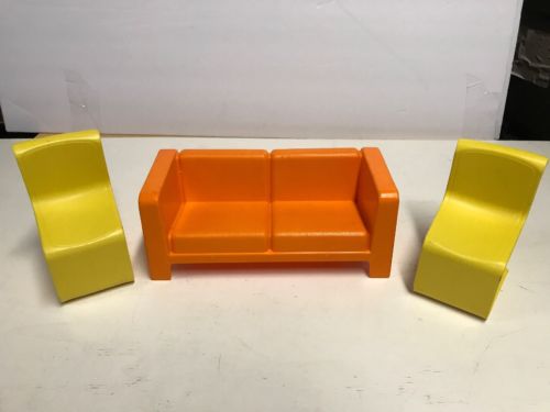 Vtg Barbie Mattel MOD 1973 Townhouse Furniture Orange Couch Yellow Chairs  B