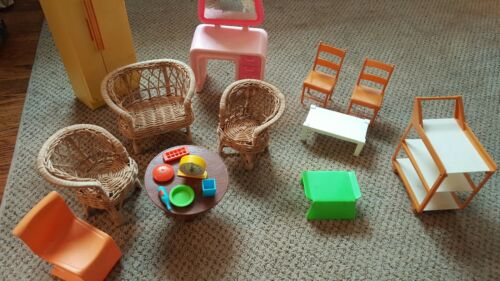 1970's Vintage Wicker Ratan Doll Furniture Chairs Tables Patio Set Barbie Refrig