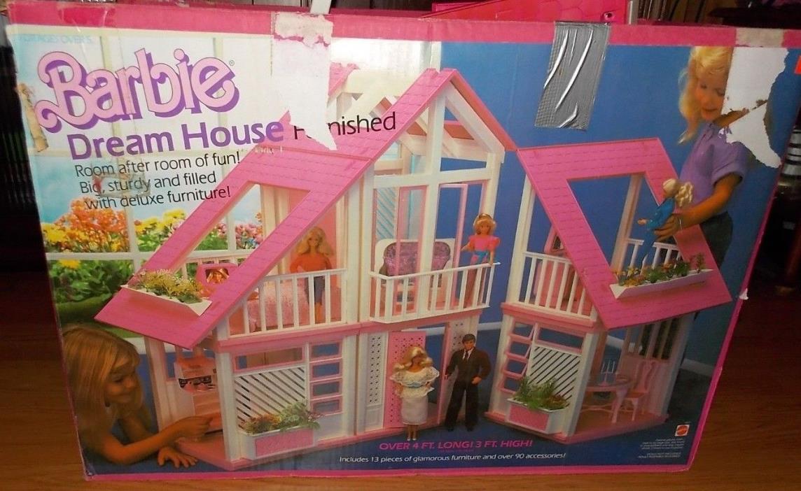 Vintage 1985 Barbie Dream House IN BOX #1667 Nearly Complete Pink Roof Furniture