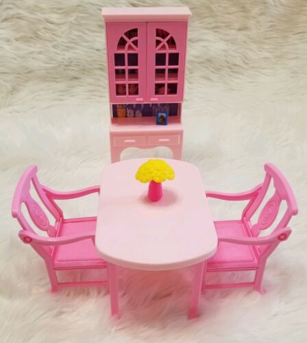 Vintage 1994 Barbie Dining Room Furniture LOT Flowers Pink Table, Chairs & Hutch