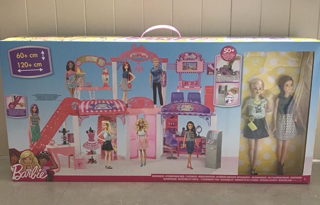 NEW Barbie Malibu Ave Shopping Mall Playset Hair Salon Boutique 2 Dolls 50+ Pc