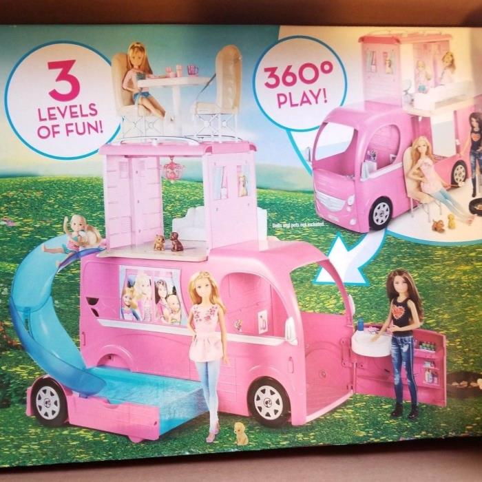New Mattel Barbie Pop Up Popup Camper 3 Levels Pink RV Bus Home Van Truck Set
