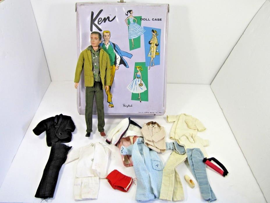 VINTAGE 1960 MATTEL KEN DOLL FLOCKED HAIR VERSION & CLOTHES WITH CASE 1960'S TOY