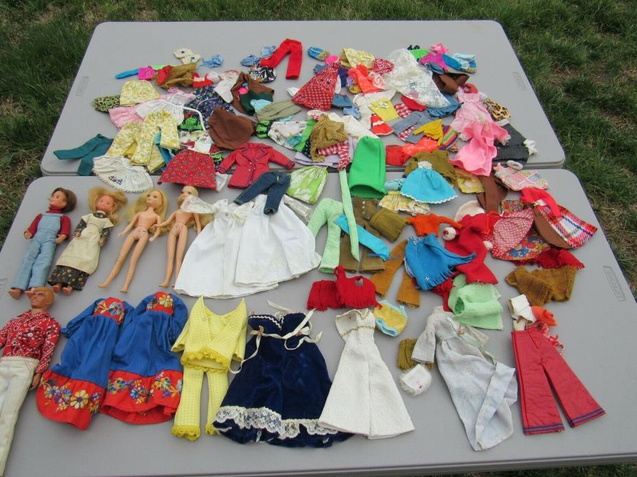VINTAGE LARGE LOT OF 1960s-70s BARBIE CLOTHES, PLUS KEN DOLL AND 4 OTHER DOLLS