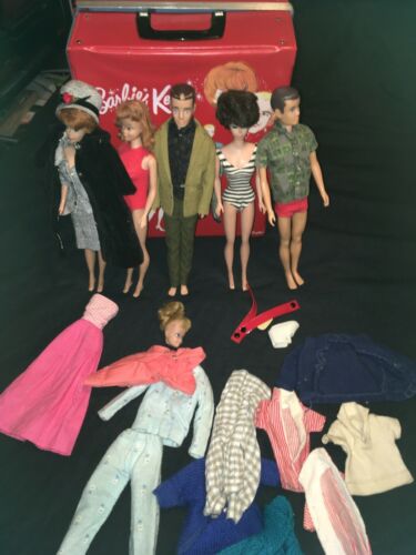 Lot of 1963 Barbie and Ken Dolls, Case, Clothing