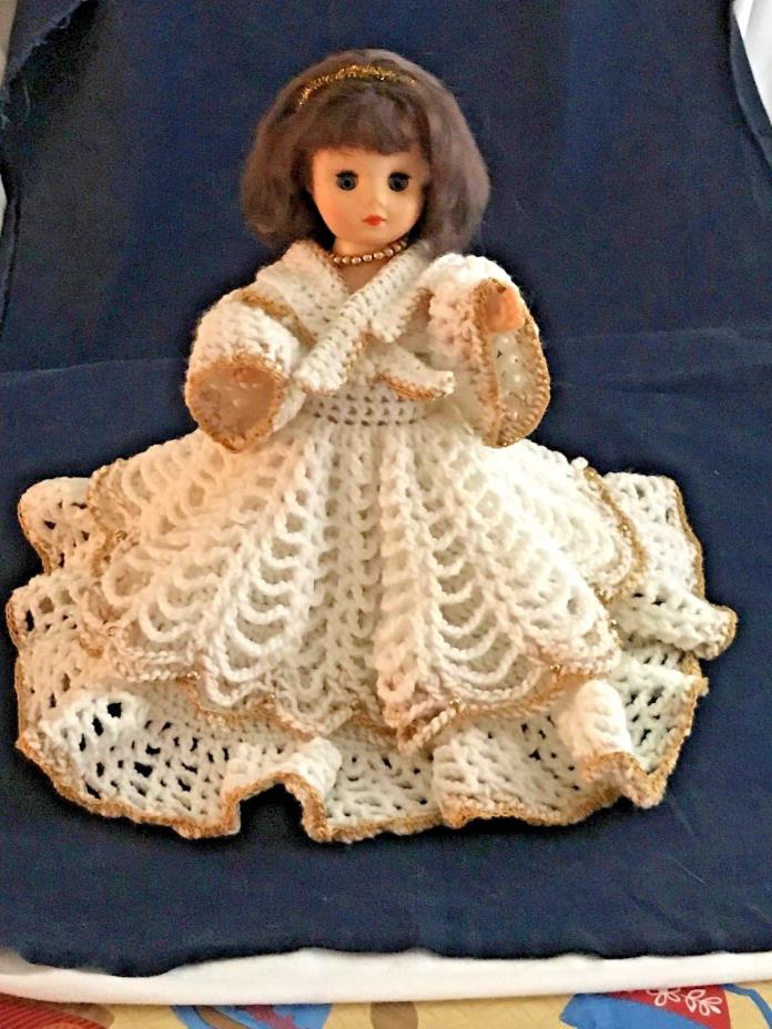 Vintage Doll Hand Cocheted Dress White w/Gold Trim Beaded Necklace Gold Headband
