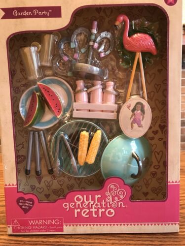 Our Generation RETRO Garden Party Playset BBQ Grill Pink Flamingo Horseshoe Game